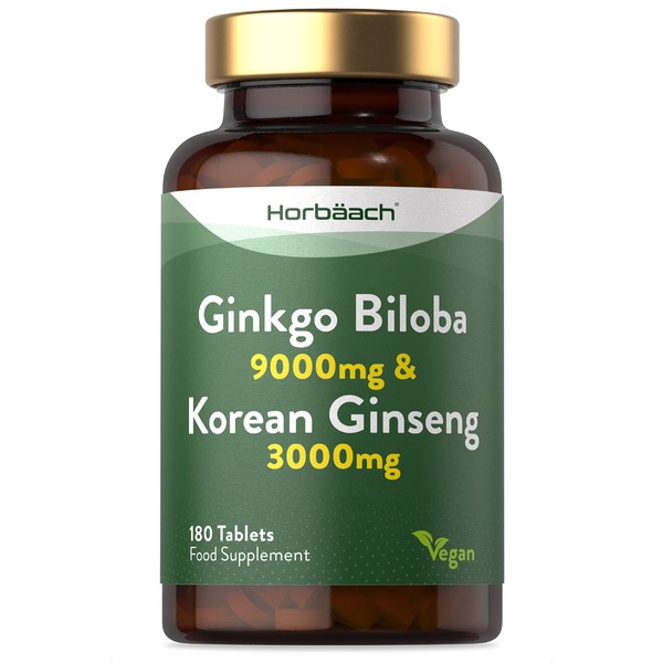 Ginkgo Biloba and Ginseng Tablets | High Strength | Ginkgo 9000mg & Korean Ginseng Root 3000mg | 180 Vegan Tablets | by Horbaach