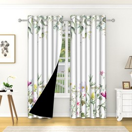 Sillsloso Flower Blackout Curtains Green Leaves Room Darkening Curtain for Bedroom, Spring Watercolor Floral Wildflowers Window Drapes for Living Room Decor Curtains 2 Panels 52x84 inch