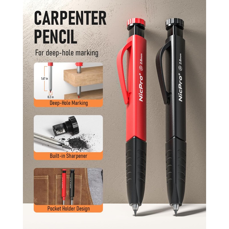 Nicpro Carpenter's Pencils Set, 2 Solid Carpenter's Pencils with Case,
