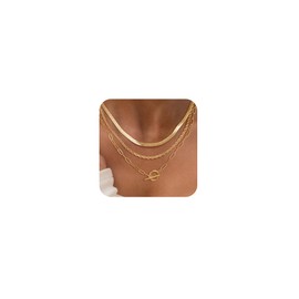 CHESKY Gold Layered Herringbone Necklaces for Women, Trendy 14K Gold Plated Snake Chain Necklace Cuban Link Simple Chunky Toggle Clasp Necklace Set Fashion Jewelry