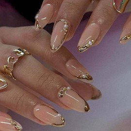 Hkanlre Almond Fake Nude Nails Tips Full Cover False Medium Nails Summer Flower Press on Nails for Women 24PCS