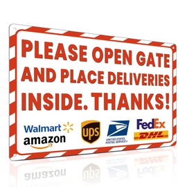 ALKB Package Delivery Sign for Outdoor Use 8x12 Inch - Please Open Gate and Place Deliveries Inside Thanks - Outdoor Signs for Home, Office, Work Use