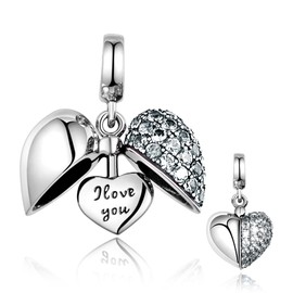 GW 925 Sterling Silver Heart Charms Fit for Bracelets Pendant for Necklace for Women, Sterling Silver, Cubic Zirconia
