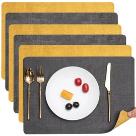 Myir JUN Placemats Dual Sided, Faux Leather Place Mats Set of 6 Indoor Placemats for Dining Table Outdoor Placemats Square Non-Slip Washable Table Mats (Gray Yellow, Set of 6)