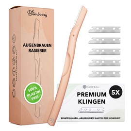 Bamboozy Eyebrow Razor with 5 Premium Blades - Reusable Metal Dermaplaning Razor for Face, Eyebrows and Intimate Zone - Plastic Free