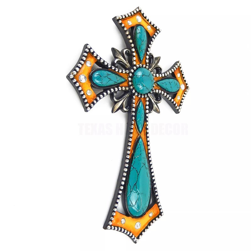 Turquoise Fleur De lis Decorative Wall Cross Rhinestones Studs Rustic