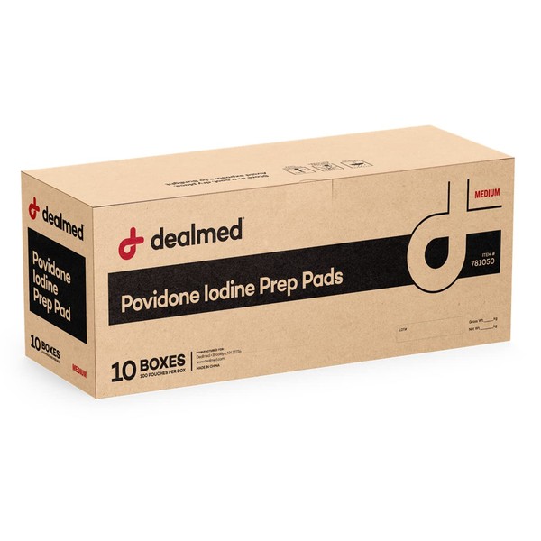 Dealmed Povidone Iodine Prep Pad 10% - Individually Sealed Packets Perfect for Wound Care and Portable First Aid Kits, 100/Box (Case of 10)