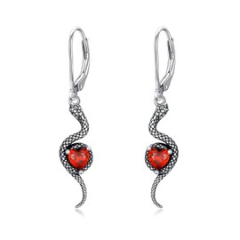 Snake Earrings for Women 925 Sterling Silver Snake with Heart Cut Red Garnet Drop Earrings for Gifts