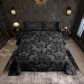 Feelyou Adults Gothic Comforter Set King Size Dark Olive Green Damask Comforter Death Moth Bohemia Boho Bedding Set Goth Skull Duvet Set Vintage Victorian Baroque Floral Quilt Set 3Pcs