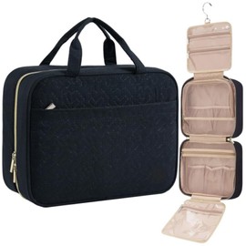 Spalivivre Travel Toiletry Bag with Hanging Hook, Waterproof Large Capacity Makeup Organizer, Cosmetic Bag with Transparent Compartments for Storage Full Sized Toiletries(Black)