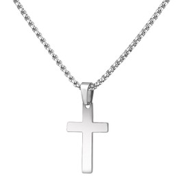 APMGONT Cross Necklace for Men Women Stainless Steel Cross Chain Silver Cross Pendant Necklace Cross Box Chain Necklace for Men Women Length 46-66 cm, Stainless Steel, No Gemstone