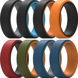 ThunderFit Silicone Rings for Men 8 Rings - Flat Top Angled Edge Two Layer Rubber Wedding Bands 9.8mm Wide - 2mm Thick (10.5 - 11 (20.6mm))