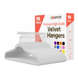 White Velvet Hangers 10 Pack – 360° Swivel Hook, Non-Slip and Space Saving Hangers, Heavy-Duty 11 lbs Weight Capacity - Smooth Velvet Finish for Crease-Free Clothes and Effortless Closet Organization