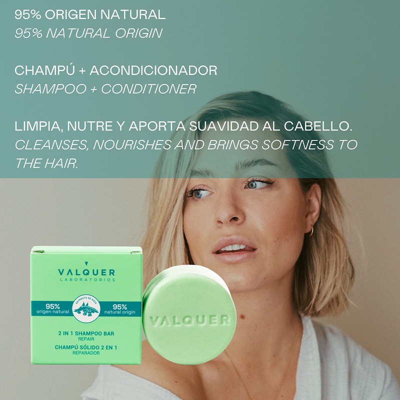 Valquer Shampoo sólido 2 en 1 reparador (champú y acondicionador).