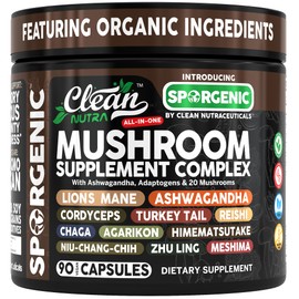 Organic Mushroom Supplement | Ashwagandha Lions Mane Cordyceps Turkey Tail Reishi Mushrooms Maca Root Black Hoof Chaga Tremella Agarikon Shiitake Oyster Powder Capsules Sporgenic by Clean Nutra (1)
