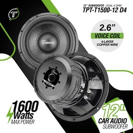 TIMPANO 12 Inch Subwoofer D4 1600 Watts Max Power Dual 4 Ohm, Subwoofer Car Audio 12 Inch 16 mm Xmax, TPT-T1500-12 D4, 2.6 In Voice Coil Double Stacked Magnet Sub woofer for Car Audio Systems (Single)