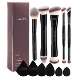 MAANGE 12Pcs Set de Brochas Maquillaje, 5 Brochas para Maquillaje Premium de Doble Punta y 6 Esponjas para Pulir Líquidos, Cremas, Polvos, Difuminar y Contornear el Rostro(Negro-2)
