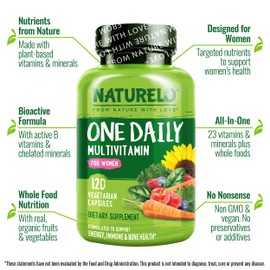 NATURELO One Daily Multivitamin for Women - Energy Support - Whole Food Supplement to Nourish Hair, Skin, Nails - Non-GMO - No Soy - Gluten Free - 120 Capsules - 4 Month Supply