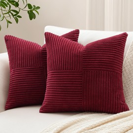 Sungeek Set of 2 Decorative Cushion Covers 40 x 40cm Soft Corduroy Striped Cross Patchwork Textured Pillow Covers Solid Square Throw Pillow Cases for Sofa Bed Patio 16x16 Inch, Burgundy