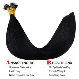 LaaVoo Nano Tip Hair Extensions Human Hair 16inch Black Nano Link Hair Extensions Jet Black #1 Nano Ring Human Hair Extensions 50strands 50gram Micro Nano Hair Extensions