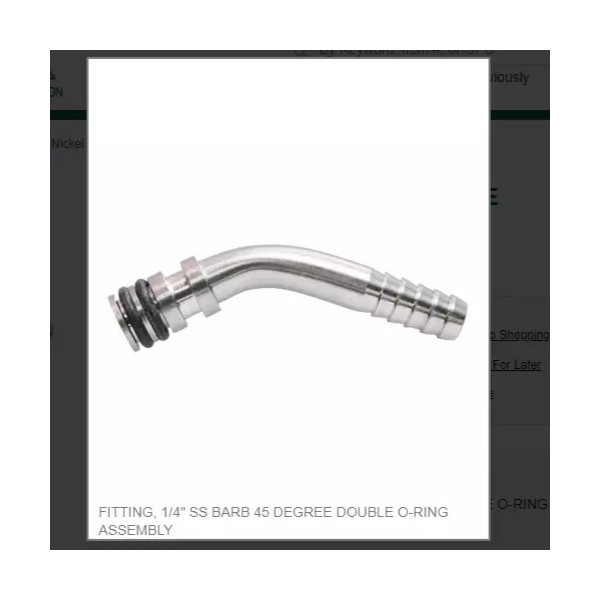 Taprite FITTING, 1/4" SS BARB 45 DEGREE DOUBLE O-RING ASSEMBLY