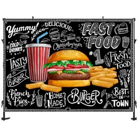 Burger Fries Photography Backdrop Black Wall Fast Food Restaurant Cooking Theme Kids Baby Birthday Party Banner Baby Shower Photo Booth Banner Vinyl (7ft×5ft)