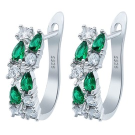 Elegant S925 Silver Blue Green Rainbow Color Cubic Zirconia Hoop Earrings Cuff Huggie Earrings Blue Sapphire and White Lab Grown Diamond Accent Hoop Earrings for Women (Green)