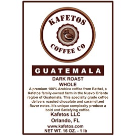 Dark Roast Whole Beans Guatemala Premium Coffee Specialty Grade - Single Estate, Shaded Grown at Kafetos Family Owned Farm  16 oz