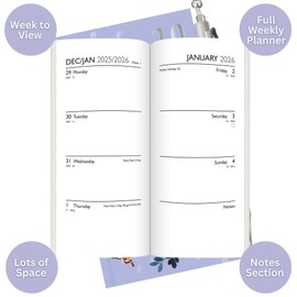 2026 Slim Pocket Diary Week to View & Pen - Purple Butterfly Floral Wallet Size Hardcover Planner - Lightweight Compact Portable Organiser Notebook - Student Travel Diary Gift