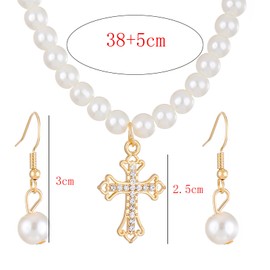 Pearl Necklace and Earring Set for Women Gold Cross Rhinestone Pendant White Fake Pearls Choker Necklace Dainty Charm Fashion Jewelry (Gold Cross)