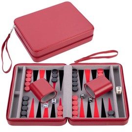 Engelhart - 250500 Travel Backgammon Set, Felt Inlay, 9" Deluxe Playset with Red Zip (Grey, Black, Red)