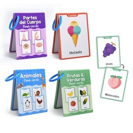 Zwttey Spanish 4 Themes Set Vocabulary Learning Flashcards, Early Childhood Education Materials for Preschool Kindergarten Language Learning Teaching Aids, Words Cognitive Cards