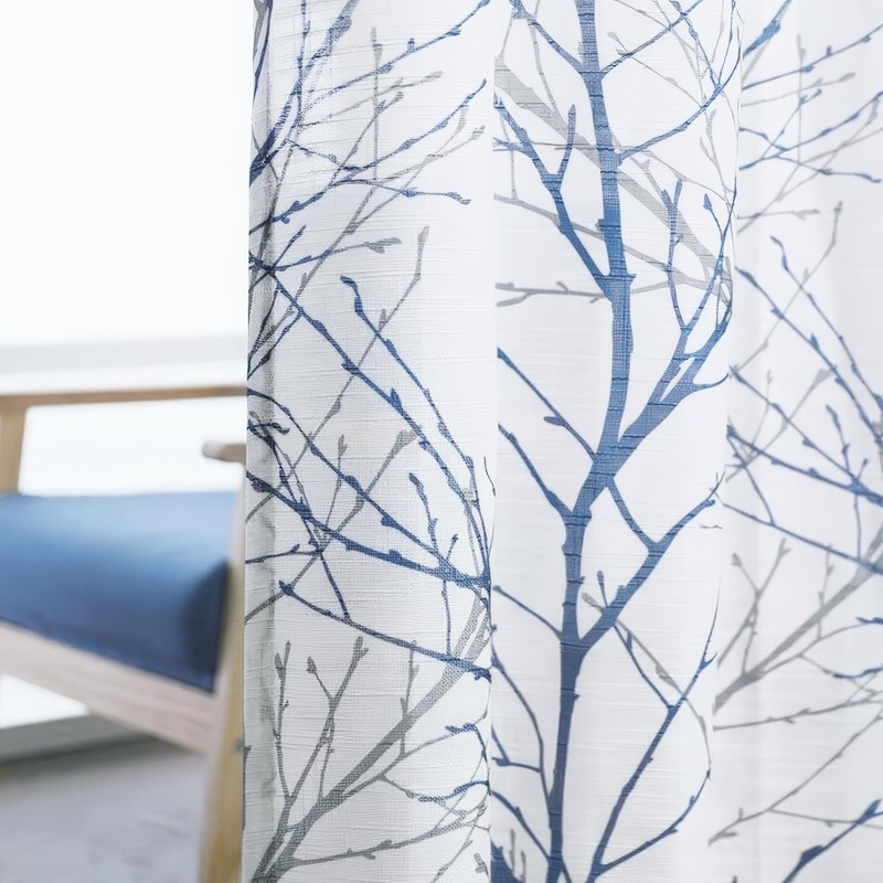 FMFUNCTEX Linen Semi Sheer Curtains for Bedroom, Blue White Curtains