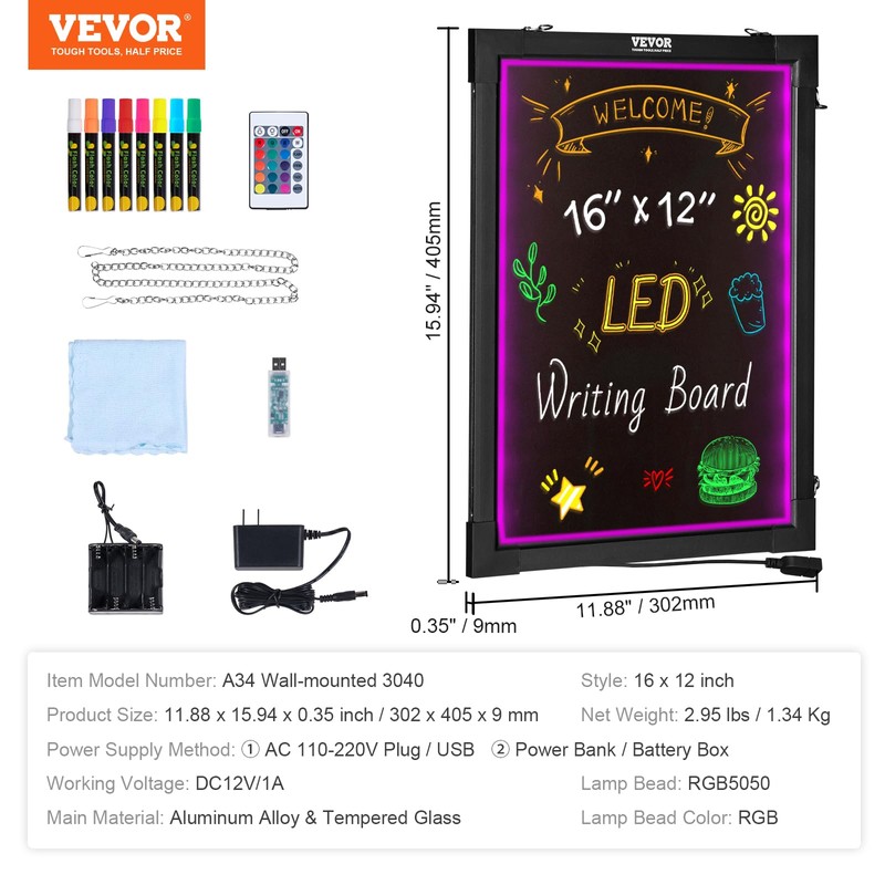 VEVOR LED Message Writing Board, 16"x12" Illuminated Erasable Lighted Chalkboard,