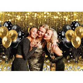 INRUI 2026 Happy New Year Photography Backdrop Black Golden Balloons Shiny for New Year Holiday Party Decorations Banner (7x5FT)