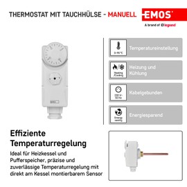 EMOS - mechanical thermostat with immersion sleeve - manual, wired - heating and cooling systems - temperature control 0-90 °C - invasive measurement - 230 V, 16 A/4 A - white