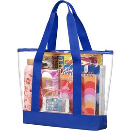 Large Clear Tote Bag - Durable  Straps, Big Main Storage Section, Sturdy Zipper Closure, Stadium  Approved. (Pink) - Color: Blue