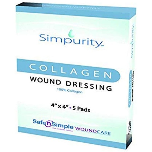Simpurity 100% Pure Collagen Wound Dressing Pad, 4" x 4" Collagen Pads for Wound Care, Box of 5