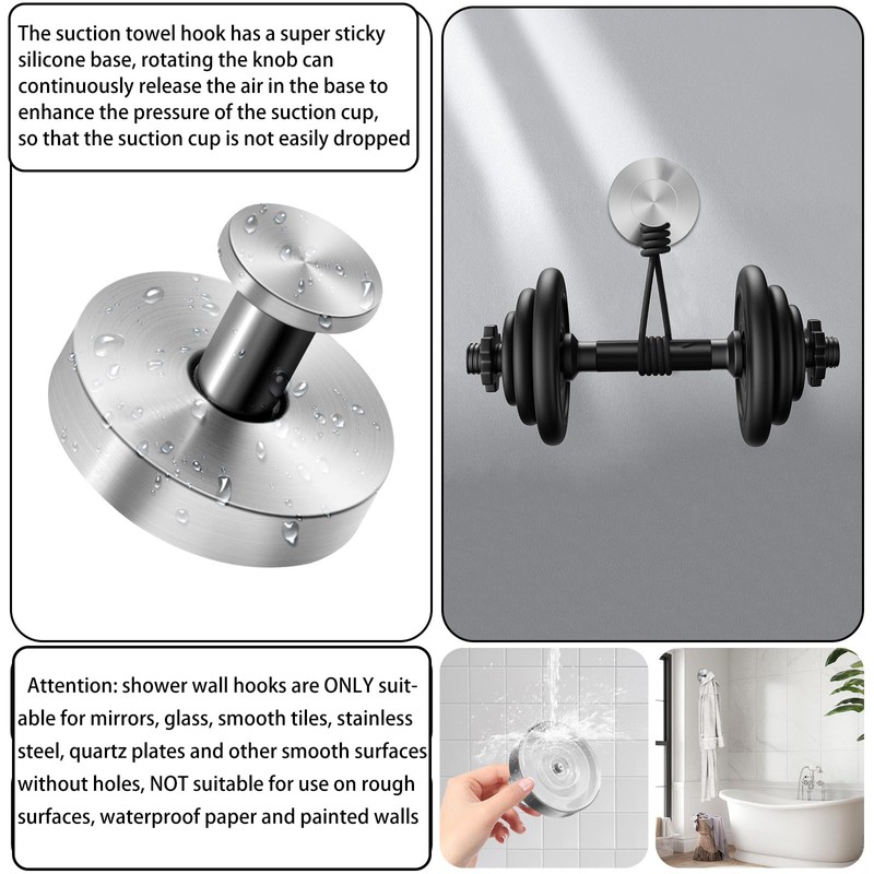 ELIUNG Suction Cup Hooks for Shower, 2 Pack Stainless Steel