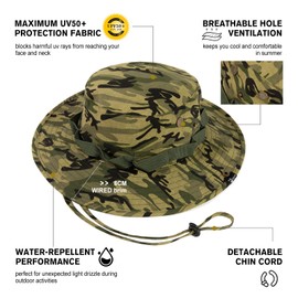 TOP-EX UPF 50 Wide Brim Sun Hat Men Waterproof, Lightweight & Breathable Cotton Boonie Hat, Safari Hat, Summer Outdoor Bush Hat for Fishing, Hiking Foldable & Windproof & Adjustable M/L Camo Green
