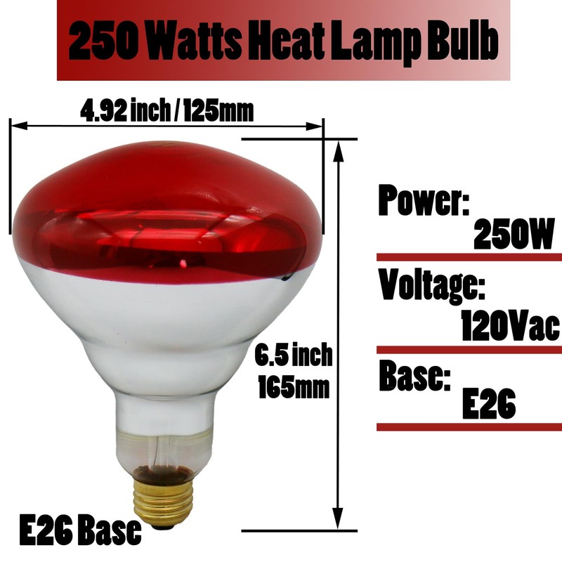 250 Watts Infrared Heat Lamp Bulbs, R40 Red Heat Light