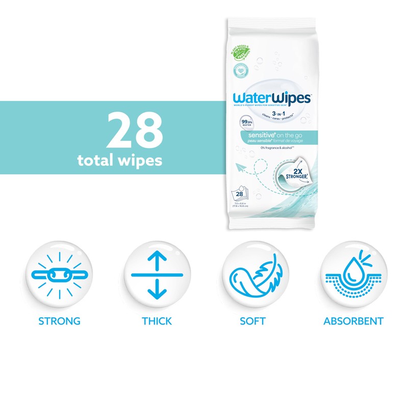 WaterWipes Sensitive+ On The Go Wipes, 3-In-1 Cleans, Cares, Protects,