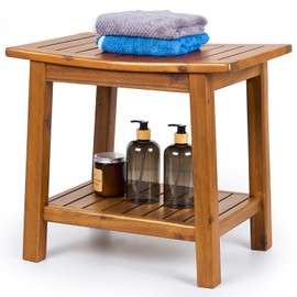 Upolana Teak Shower Bench, 20" Solid Wood Shower Stool Waterproof Shower Seat with Storage Shelf for Bathroom, Indoor & Outdoor Use