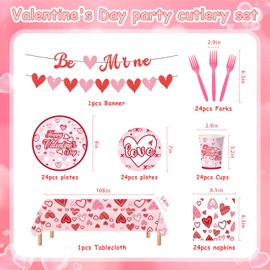 VZCBZC 122PCS Valentine's Day Party Supplies Pink Heart Paper Plates Napkins Banner Tablecloth Tableware Set for Valentine's Day Party Decorations Serves 24