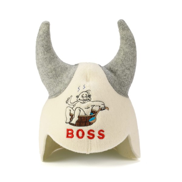 Natural Textile Sauna Hat 'Sauna Boss Devil' White Wool Felt Hats - Protect Your Head from Heat - English Sauna E-Book Manual Included - with Embroidery, White