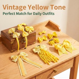 15Pcs Back to School Uniform Hair Bows Set- Grosgrain Hair Clips Bow Headband Ribbon Alligator Ponytail Holder for Toddlers Teen Girls Uniform Party (Yellow White)