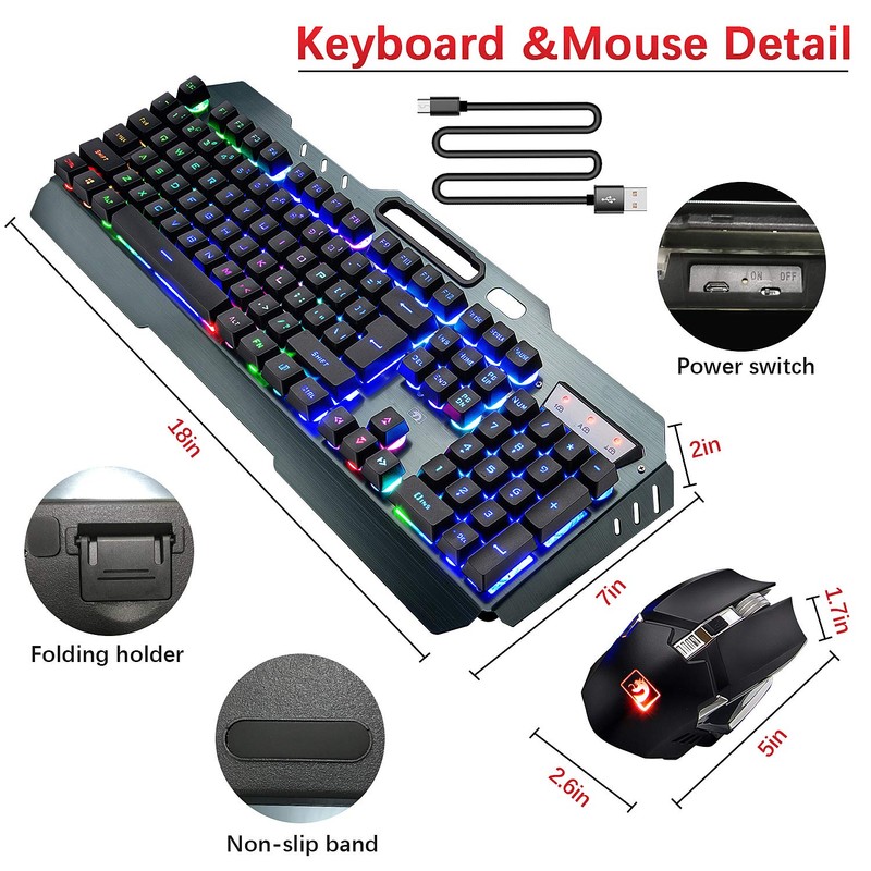 Wireless Gaming Keyboard and Mouse, Rechargeable, Rainbow Backlit with 3800mAh
