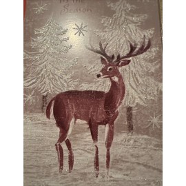 Vtg Unused Christmas Card Heavy Glitter Deer Buck Reindeer Snowy Pine Tree W/Env