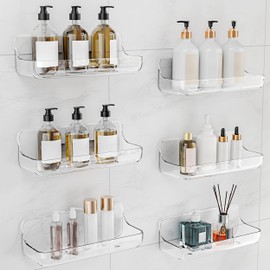 Kawfle Adhesive Shower Caddy, 6 Pack Acrylic Bathroom Shelves, No Drill Wall Mount Organizer Storage Shelf