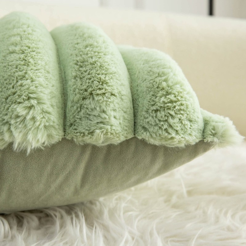 Neelvin Green Faux Fur Cosy Soft Striped Decorative Cushion Covers